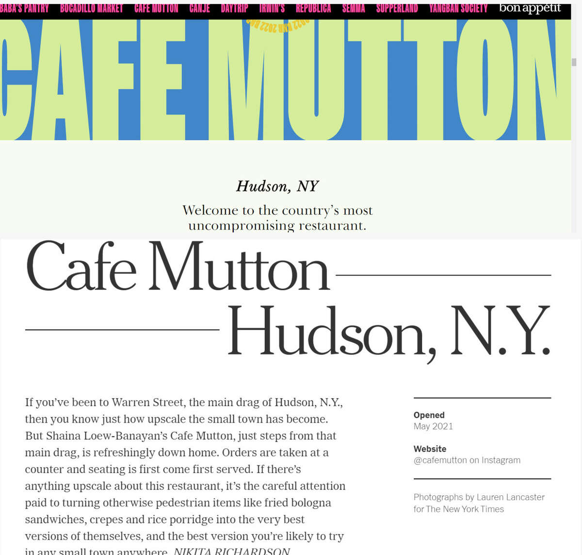 Hudson's Cafe Mutton gets attention from New York Times, Bon Appetit