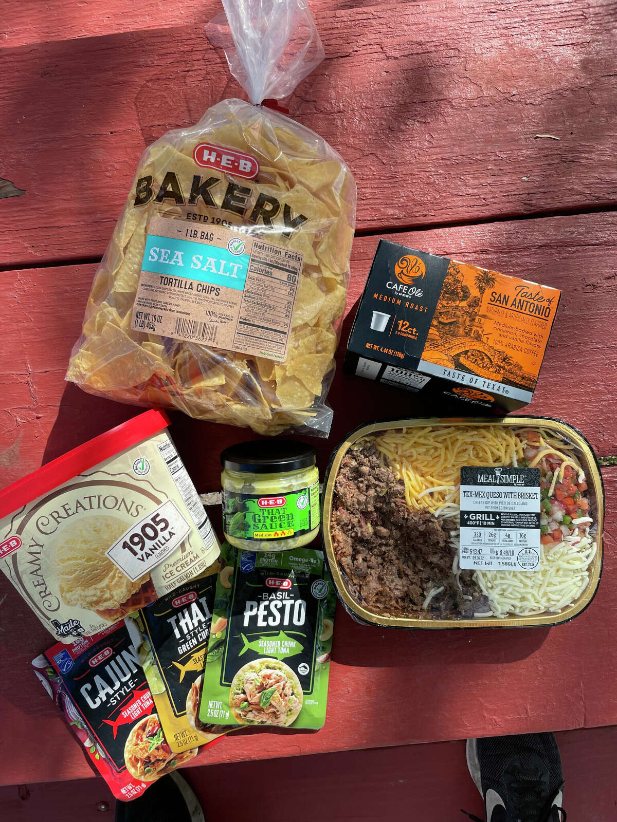 H-E-B has a huge line of products and some of the best include (clockwise from left): Creamy Creations 1905 Vanilla ice cream, sea salt tortilla chips, Taste of San Antonio blend coffee, Tex-Mex queso, That Green Sauce and flavored tuna packets.