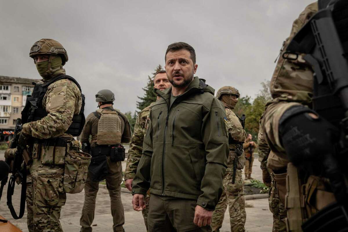 President Volodymyr Zelenskyy of Ukraine makes an unannounced visit to a flag raising ceremony in the main square of the recaptured city of Izium, on Wednesday. Ukraine’s successful counterattack demonstrates their capabilities.