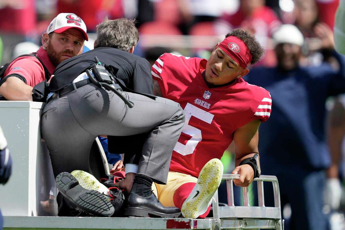 Surgeon says 49ers’ Trey Lance could be fully healed before end of regular season. San Francisco 49ers quarterback Trey Lance (5) is carted off during an NFL football game against the Seattle Seahawks in Santa Clara, Calif., Sunday, Sept. 18, 2022. (AP Photo/Tony Avelar)