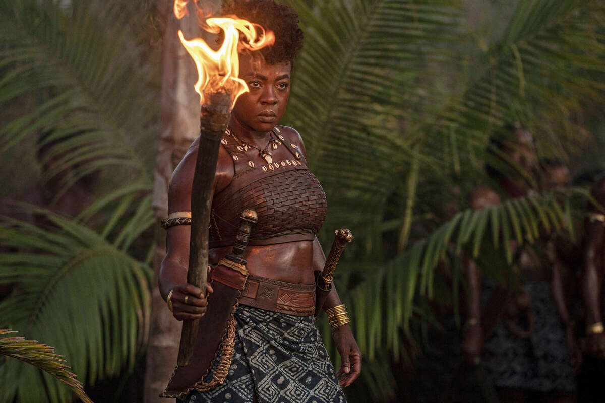 Viola Davis as Nanisca, a grizzled army general, in "The Woman King." MUST CREDIT: Ilze Kitshoff/Sony Pictures Entertainment