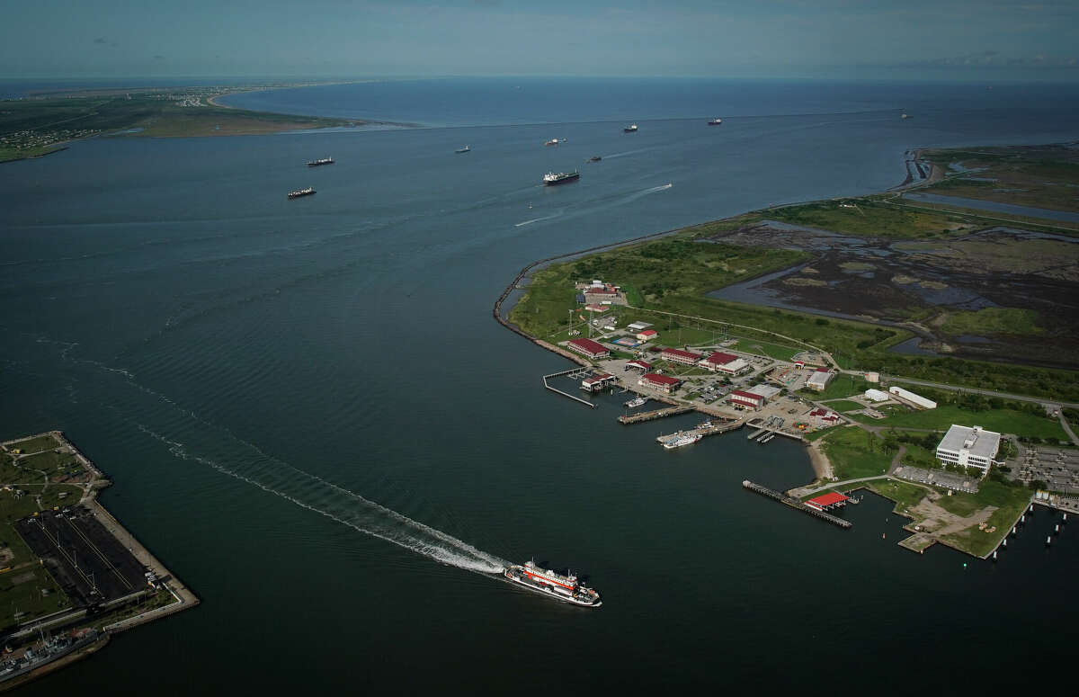 Ships pass through the area between Galveston Island and the Bolivar Peninsula in Galveston. A massive set of gates is proposed in the area as part of the 'Ike Dike' project.