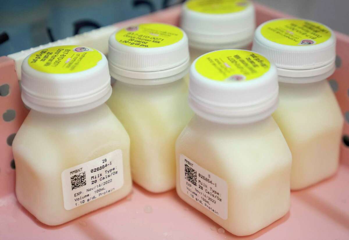 Bottles of donor human milk is shown in a freezer at the milk bank at Texas Children's Hospital Pavilion for Women, 6651 Main St., Tuesday, Aug. 9, 2022, in Houston.