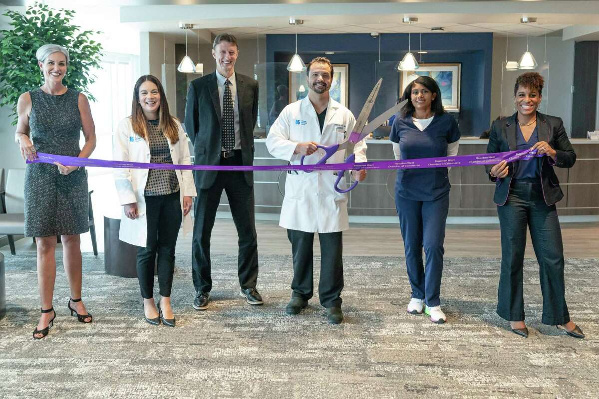 Kelsey-Seybold Clinic-Memorial City providers and staff welcomed the Houston West Chamber of Commerce for a clinic ribbon cutting on Sept. 7. Clinic leadership and Chamber members snipped the ribbon for the newly expanded 16th floor of the clinic and toured the new space. The expansion allows for a significant growth of services, including General Surgery, Bariatric Surgery, Cardiology, Plastic Surgery/Cosmetics, and Nuclear Medicine. Cutting the ribbon from left are Kari Werner, president, Houston West Chamber of Commerce; Jessica Stull, M.D., managing physician, Kelsey-Seybold Clinic-Memorial City; Gregg Mostello, senior specialty administrator, Kelsey-Seybold Clinic; Jonathan Aliota, M.D., F.A.C.C., cardiologist, Kelsey-Seybold Clinic-Memorial City; Courtney Scroggins, R.N., nurse supervisor I, Kelsey-Seybold Clinic-Memorial City; and Kimberly Kelley, clinic administrator I, Kelsey-Seybold Clinic-Memorial City.