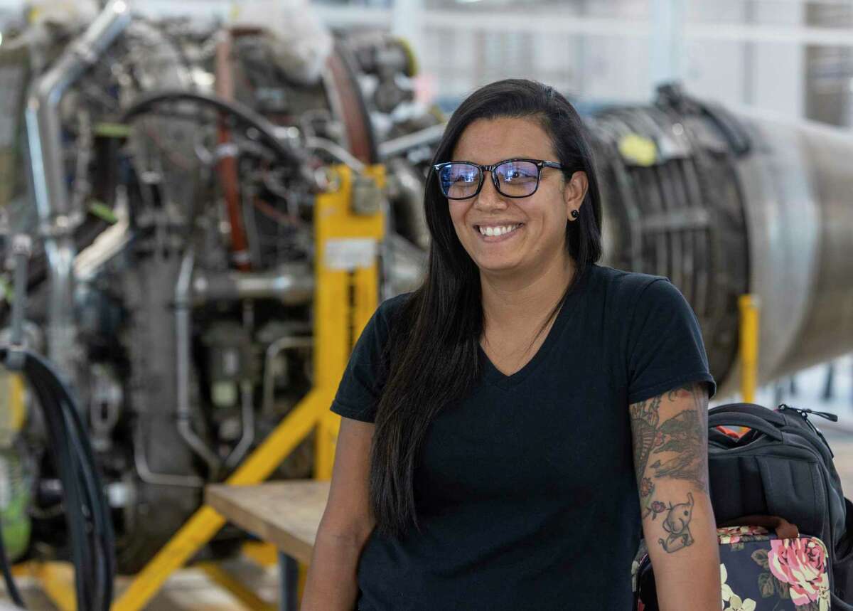 Andrea Lara, an aeronautical engineering student at St. Philip's College, on the equipment floor of the hangar on the college's Southwest campus on one of the last days of the week.