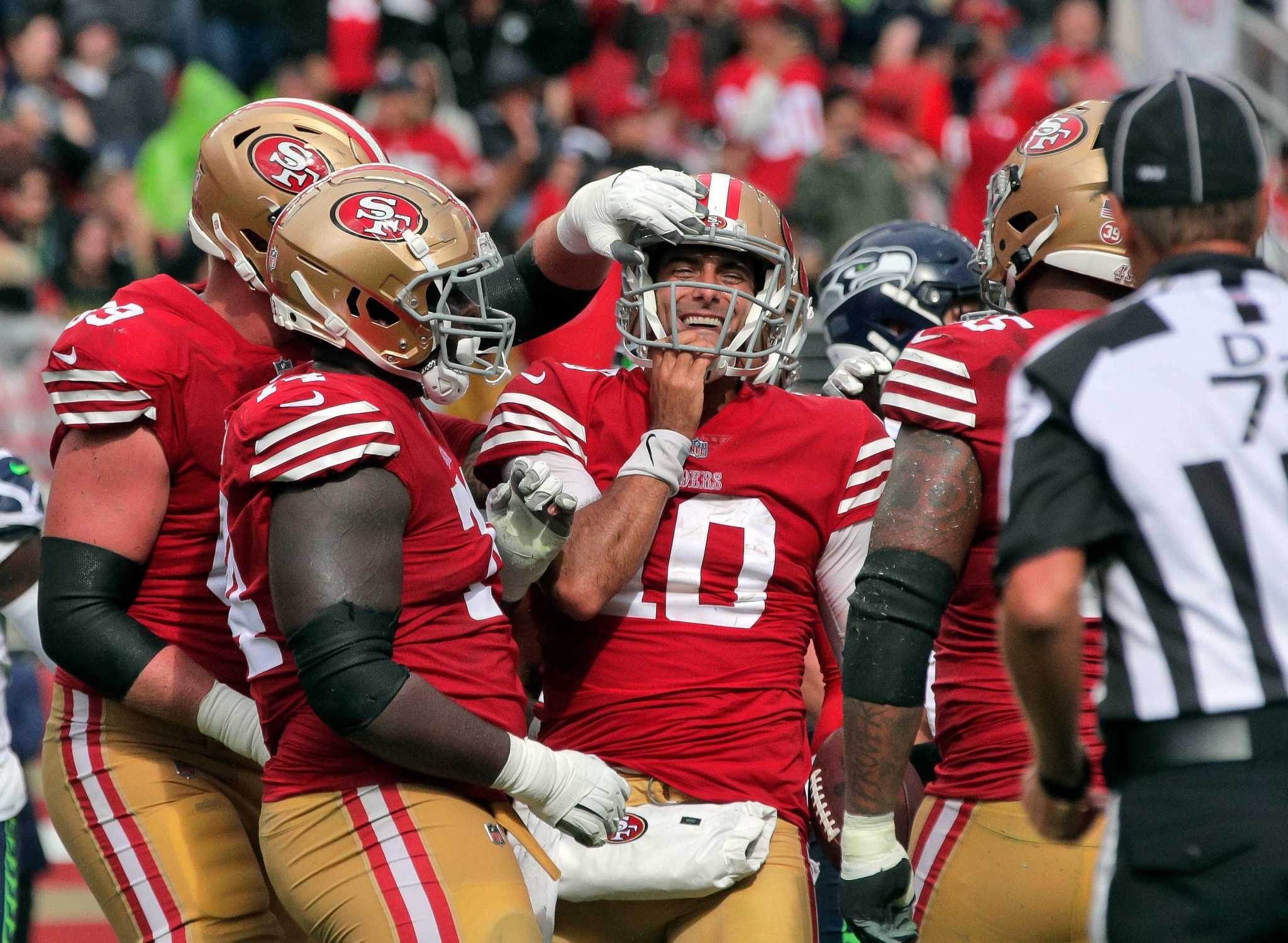 San Francisco 49ers wide receiver Brandon Aiyuk (11) look down the line  before the snap during an NFL football game against the Seattle Seahawks,  Sunday, Sept. 18, 2022, in Santa Clara, Calif. (