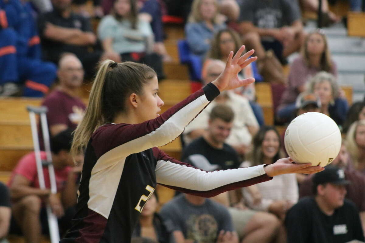 Deer Park's Erin Goodson prepares to serve the ball during Game 3 action in the Mavs Gym Tuesday night.