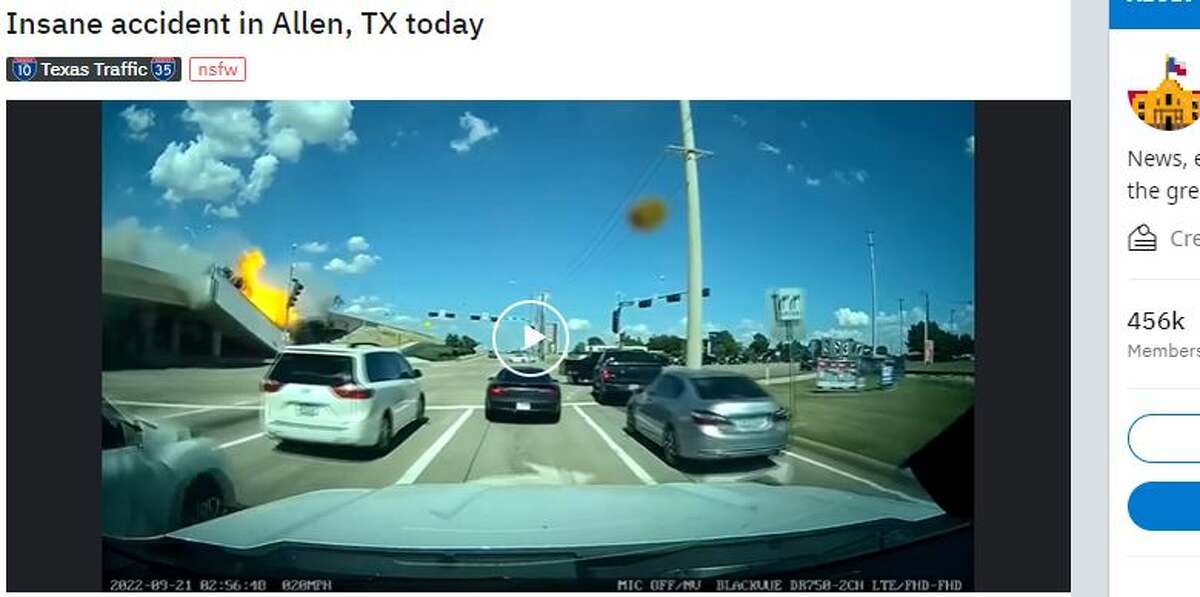 A screen shot of a Reddit post. A semi-truck tumbled over an overpass Tuesday in Allen, overturning onto the road and then bursting into flames. The driver died. 