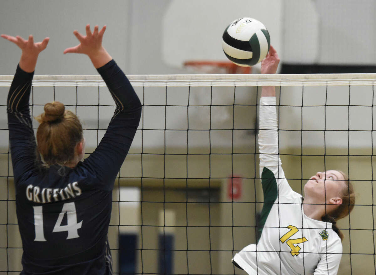 Metro-East Lutheran's Sarah Henke with an attack during Tuesday's Gateway Metro Conference match inside Thomas Hooks Gym in Edwardsville.  