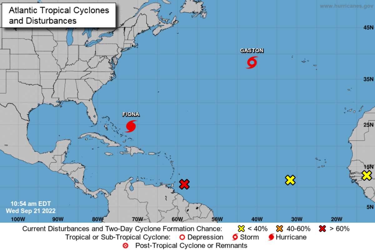 Tropical Storm Gaston has formed, becoming the 7th named storm of the 2022 hurricane season. Hurricane Fiona continues to trek toward Bermuda. National Hurricane Center Outlook, Sept. 21, 2022.