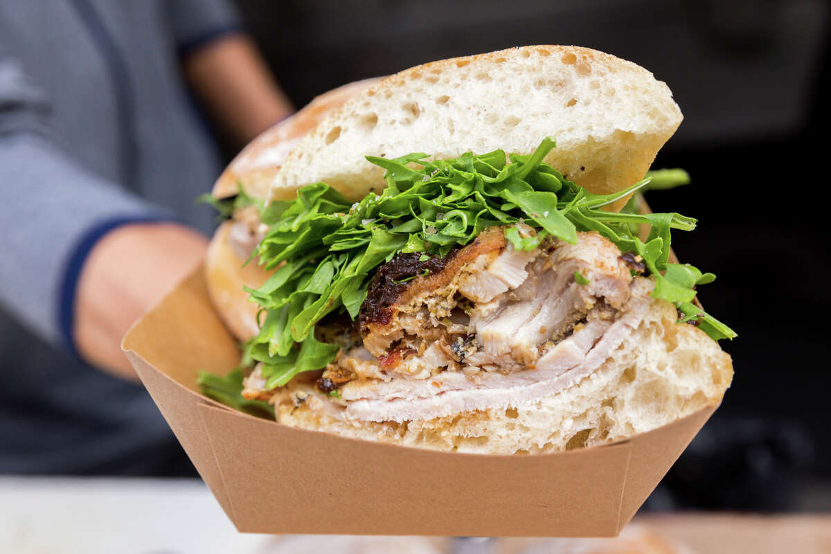 A porchetta sandwich at the Roli Roti food truck at the Ferry Building in San Francisco on Sept. 20, 2022.