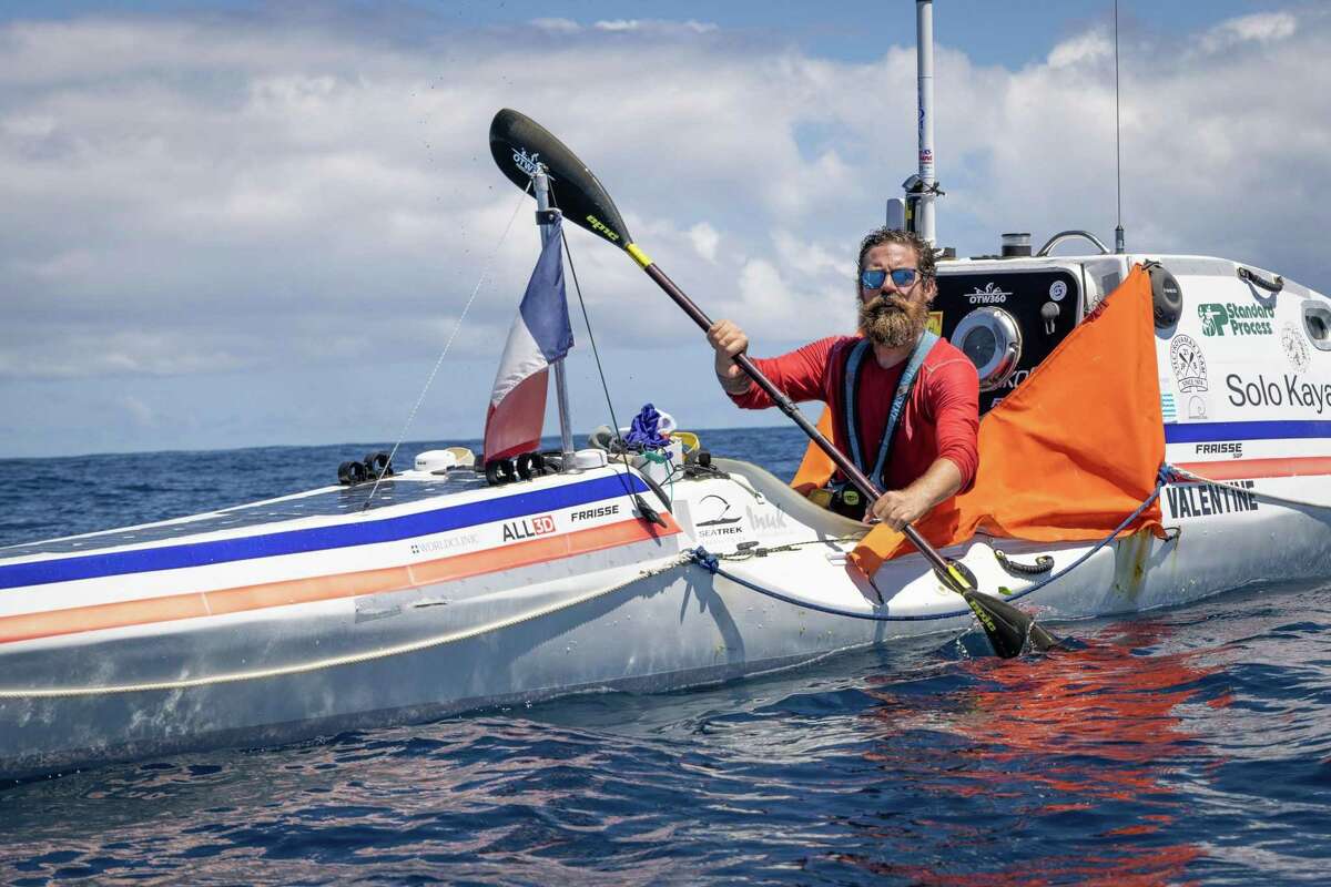 Marin kayaker Cyril Derreumaux arriving in Hilo, Hawaii, on Sept. 20, 2022 on his 92nd day at sea.