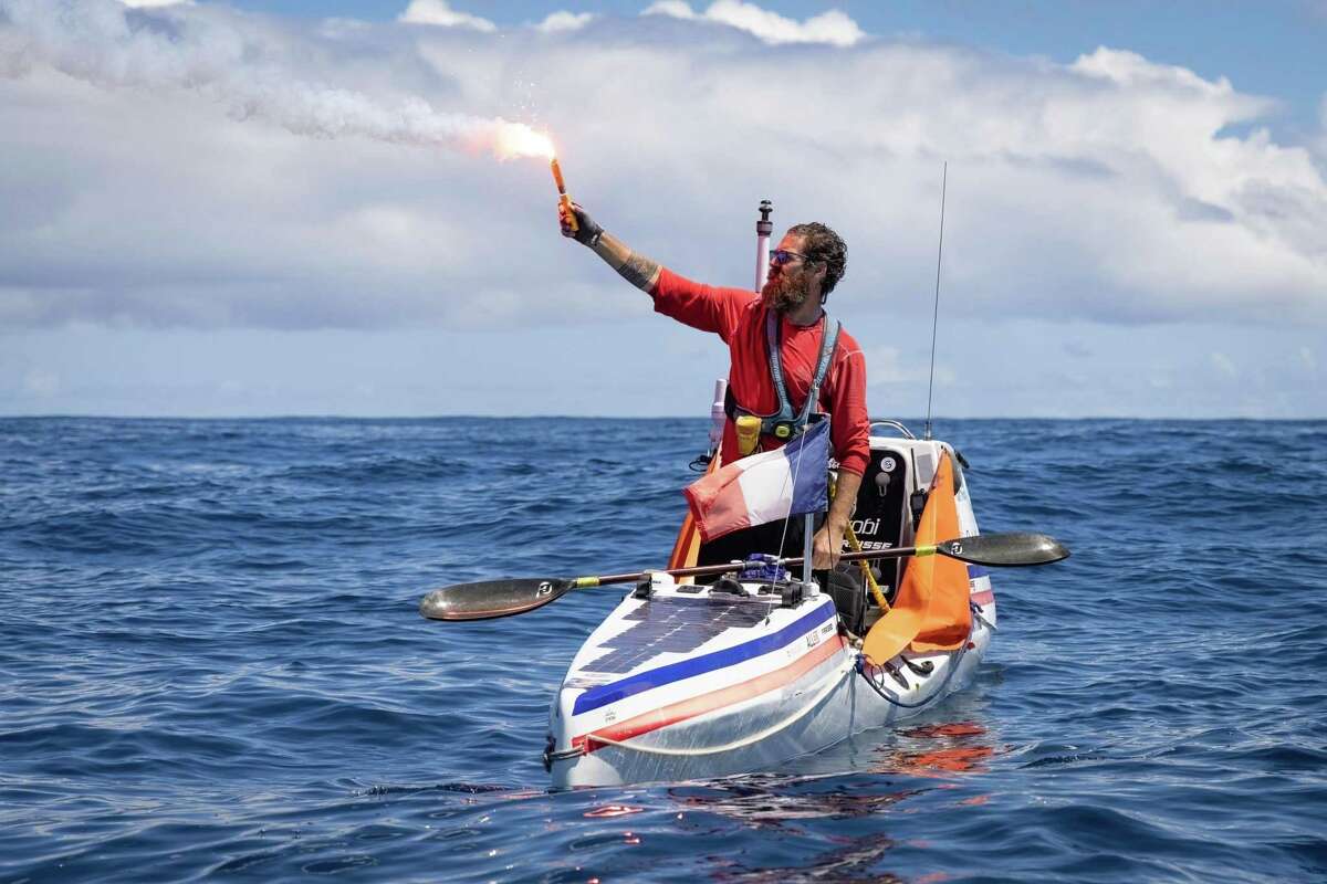 Marin kayaker Cyril Derreumaux arriving in Hilo, Hawaii, on Sept. 20, 2022 on his 92nd day at sea.