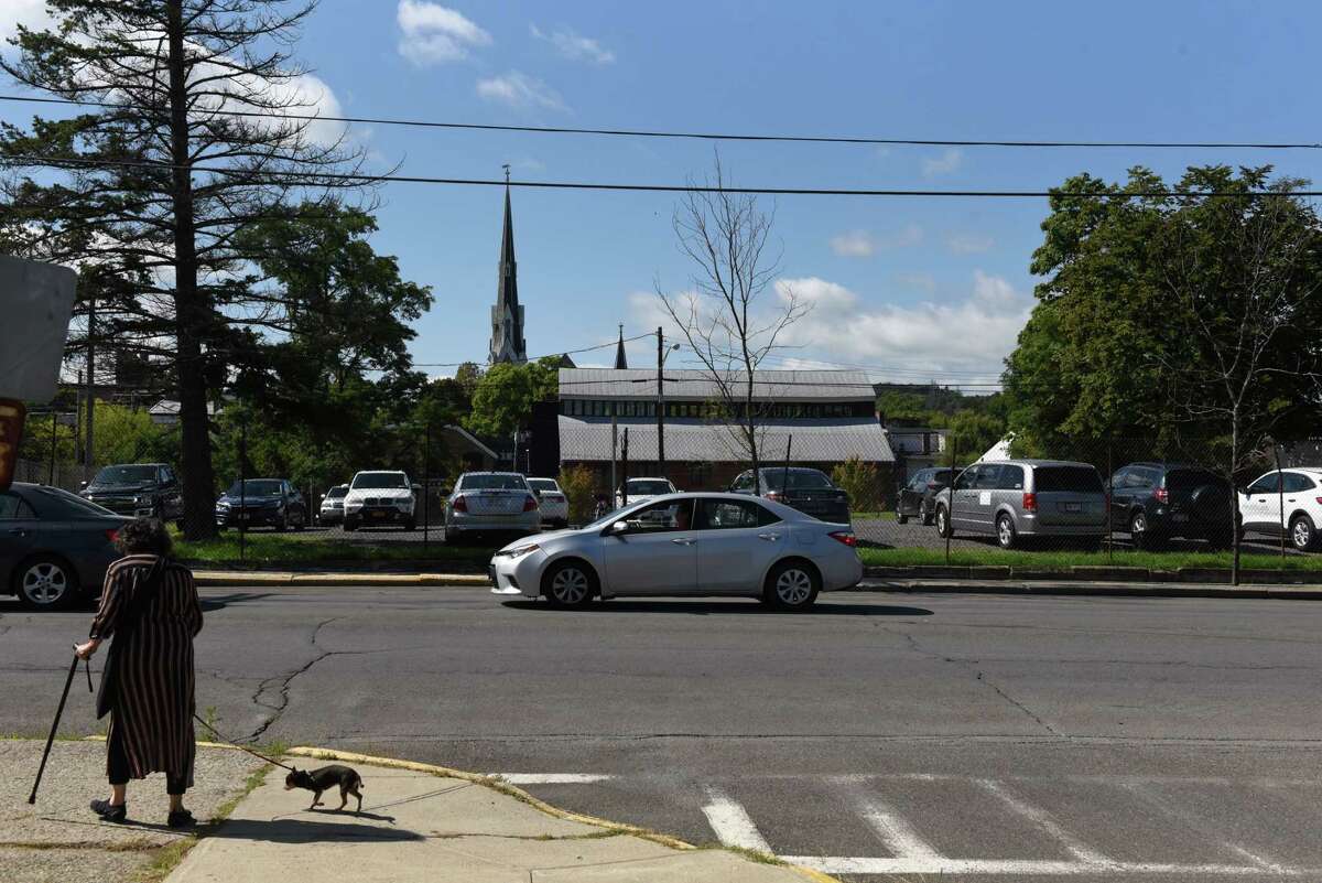 Land at State and N. Fourth streets where an affordable housing complex is planned on Wednesday, Sept. 21, 2022, in Hudson, N.Y. Kearney Development, an affordable housing developer, is proposing to build 21 apartments with additional commercial spaces at the site.