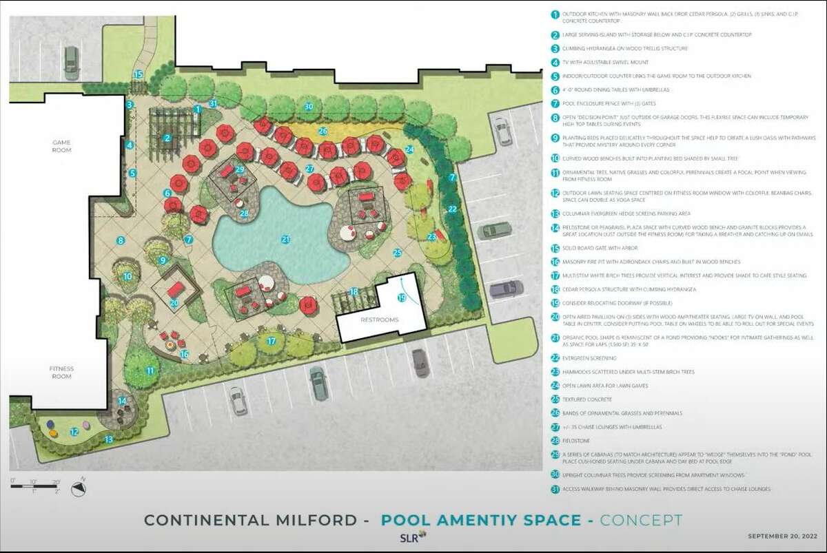 The proposed pool area for the apartment complex located at the former Kmart site in Milford.