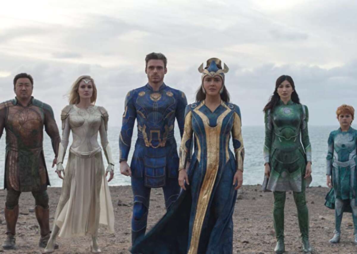 #29. Eternals (2021) - Director: Chloé Zhao - IMDb user rating: 6.3 - Metascore: 52 - Runtime: 156 minutes The Eternals arrived on Earth in the year 5000 B.C. to protect the planet from the villainous Deviants. The band of superheroes, having grown fond of humanity, remained on Earth ever since, which is fortunate for the planet since the Deviants return in the present day. Some marquee celebrities among the cast include Angelina Jolie, Salma Hayek, Kumail Nanjiani, Kit Harington, and Richard Madden. "Eternals" is groundbreaking in several ways: Lauren Ridloff, a deaf actress, portrays a deaf female version of the Eternals superhero Makkari, becoming the first to do so; Phastos is the first MCU superhero depicted as openly gay; and Gilgamesh is the first superhero played by an actor of Korean descent.