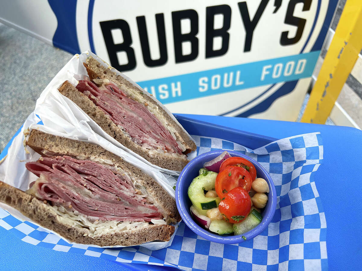 The Blackstone Hotel sandwich is a Reuben built on rye bread with corned beef, Swiss cheese, sauerkraut, sweet onions and Russian dressing at Bubby's Jewish Soul Food on Northwest Military Drive.