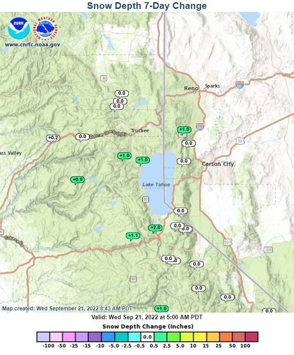 The change in snow depth over the past 7 days around Lake Tahoe, with green points matching up with sites that saw between half an inch to three inches of snow to their snow depth.