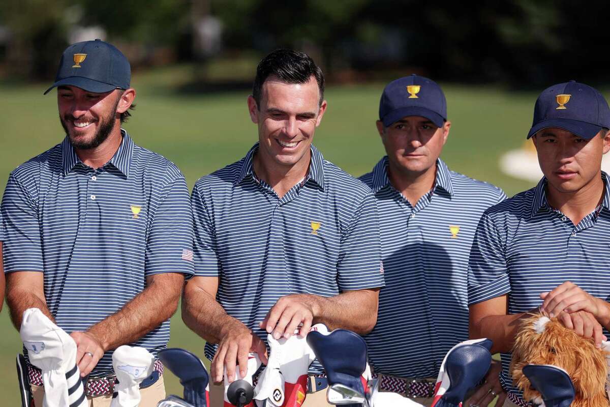 Cal alums Max Homa (left) and Collin Morikawa (far right) flank Billy Horschel (without cap) and Kevin Kisner. Those four are part of the United States team that takes on the International team in the Presidents Cup at Quail Hollow Country Club in Charlotte, N.C., at 10 a.m. Thursday (Golf Channel).