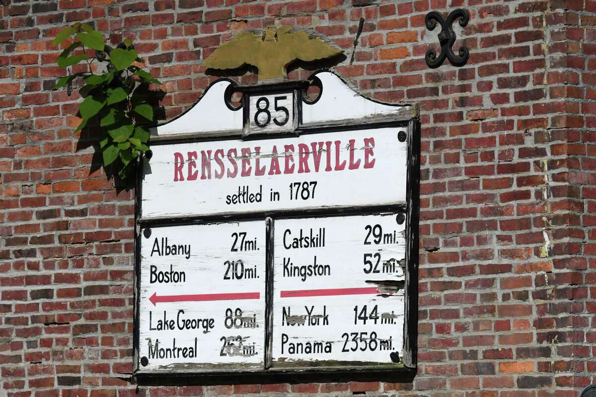 A sign for Rensselaerville hangs at the intersection of routes 85 and 351 on Wednesday, Sept. 21, 2022, in Rensselaerville, N.Y.