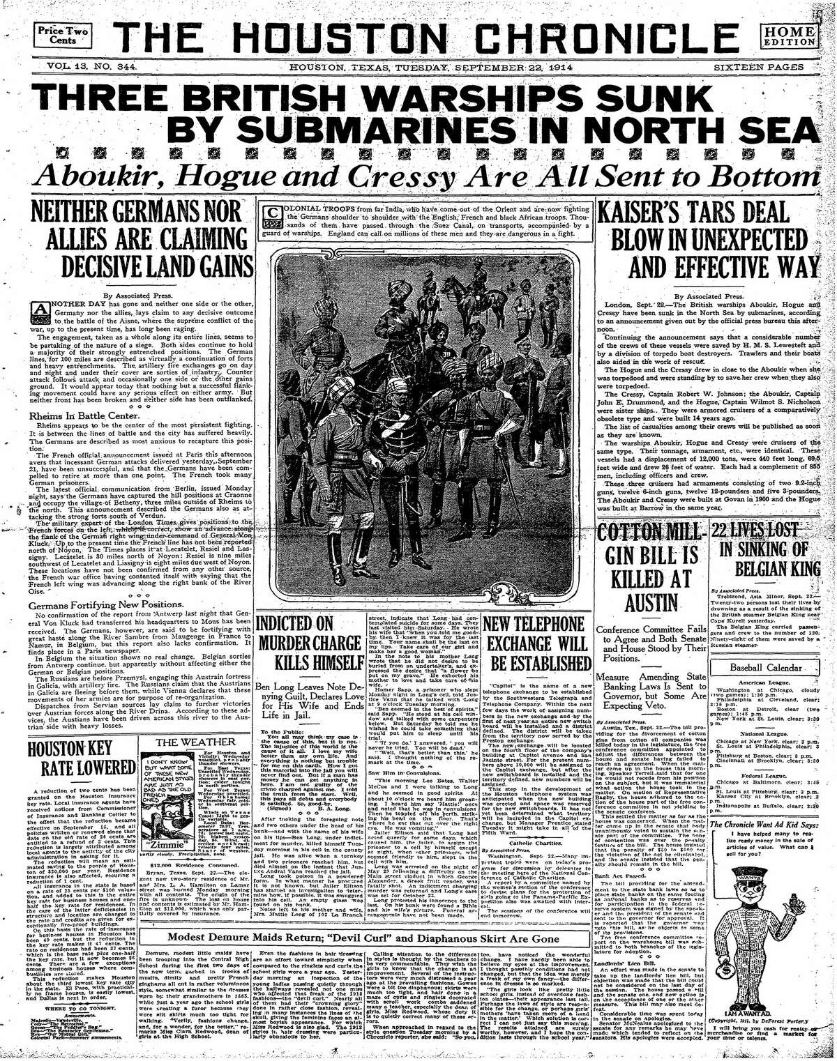 Houston Chronicle front page for Sept. 22, 1914.