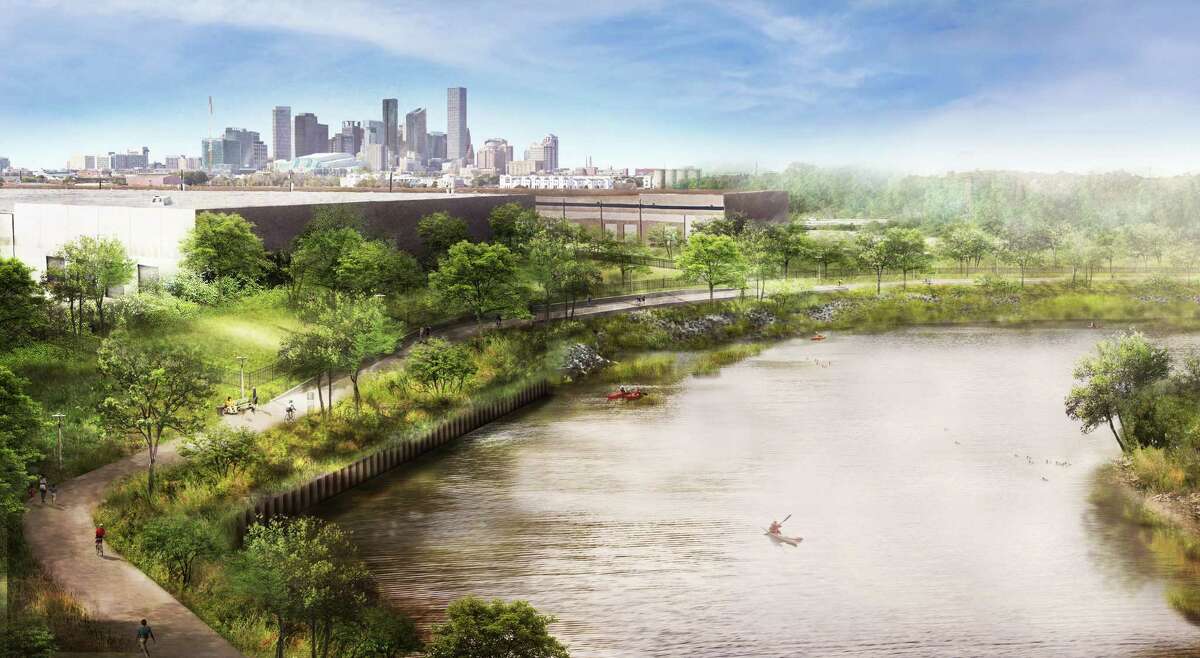 The Kinder Foundation has announced a $100 million catalyst gift to the Buffalo Bayou East parks plan, fast-tracking a massive bayou-front parks plan for the East End and Fifth Ward. This artist rendering shows how they'd transform a downtown Houston site.