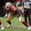 San Francisco 49ers offensive tackle Spencer Burford (74) reacts after a  score during an NFL football game against the Seattle Seahawks, Sunday, Sept.  18, 2022, in Santa Clara, Calif. (AP Photo/Scot Tucker