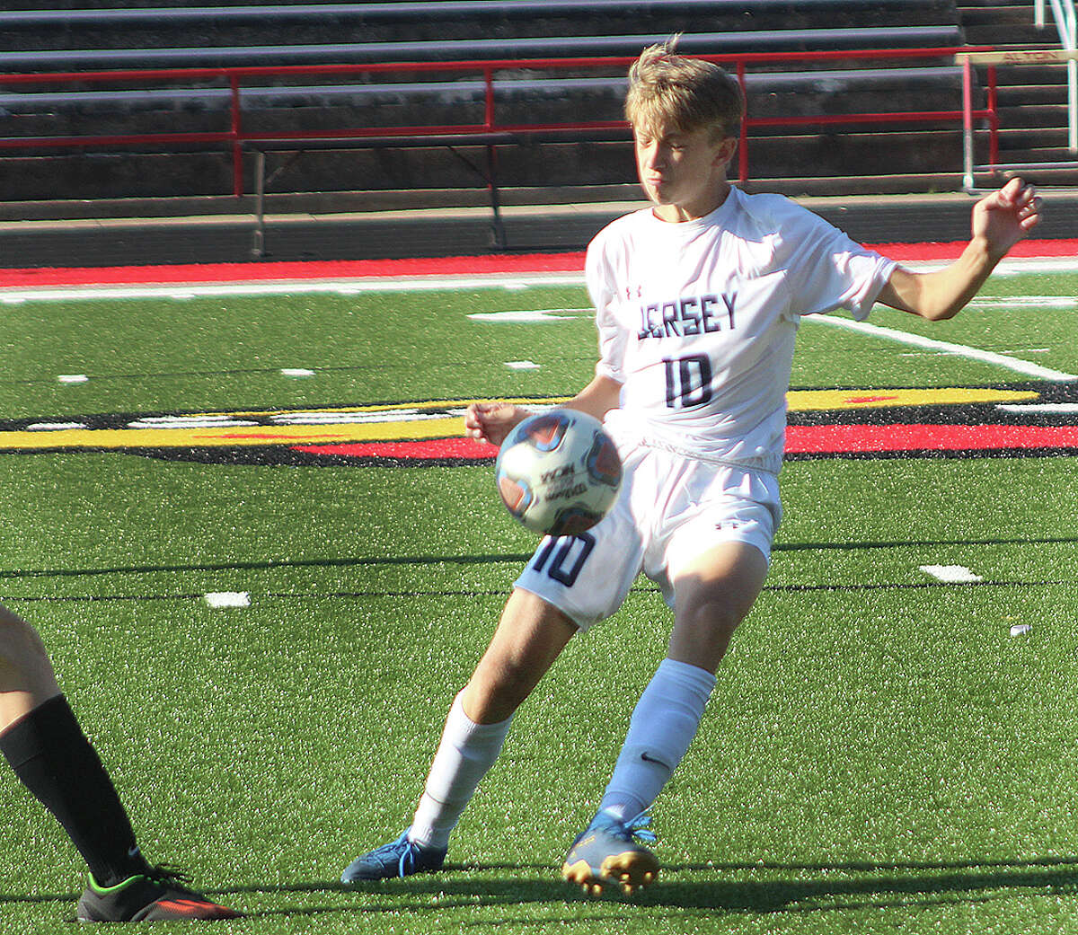 Logan Strong scored a pair of goals for Jersey Wednesday in a 5-0 non-conference victory over Lebanon. Strong is shown in action earlier this season against Alton at Public School Stadium.