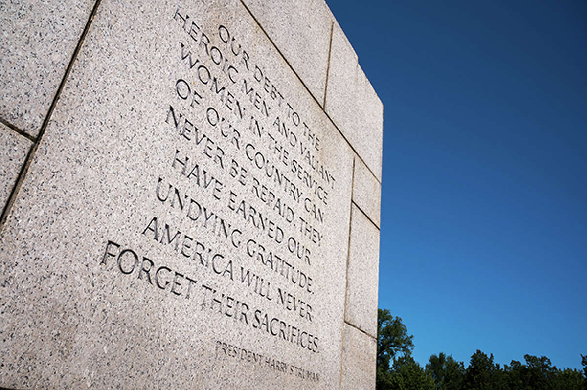 Quote by President Harry S Truman carved onto a wall of the World War II memorial on the National Mall in Washington DC, USA