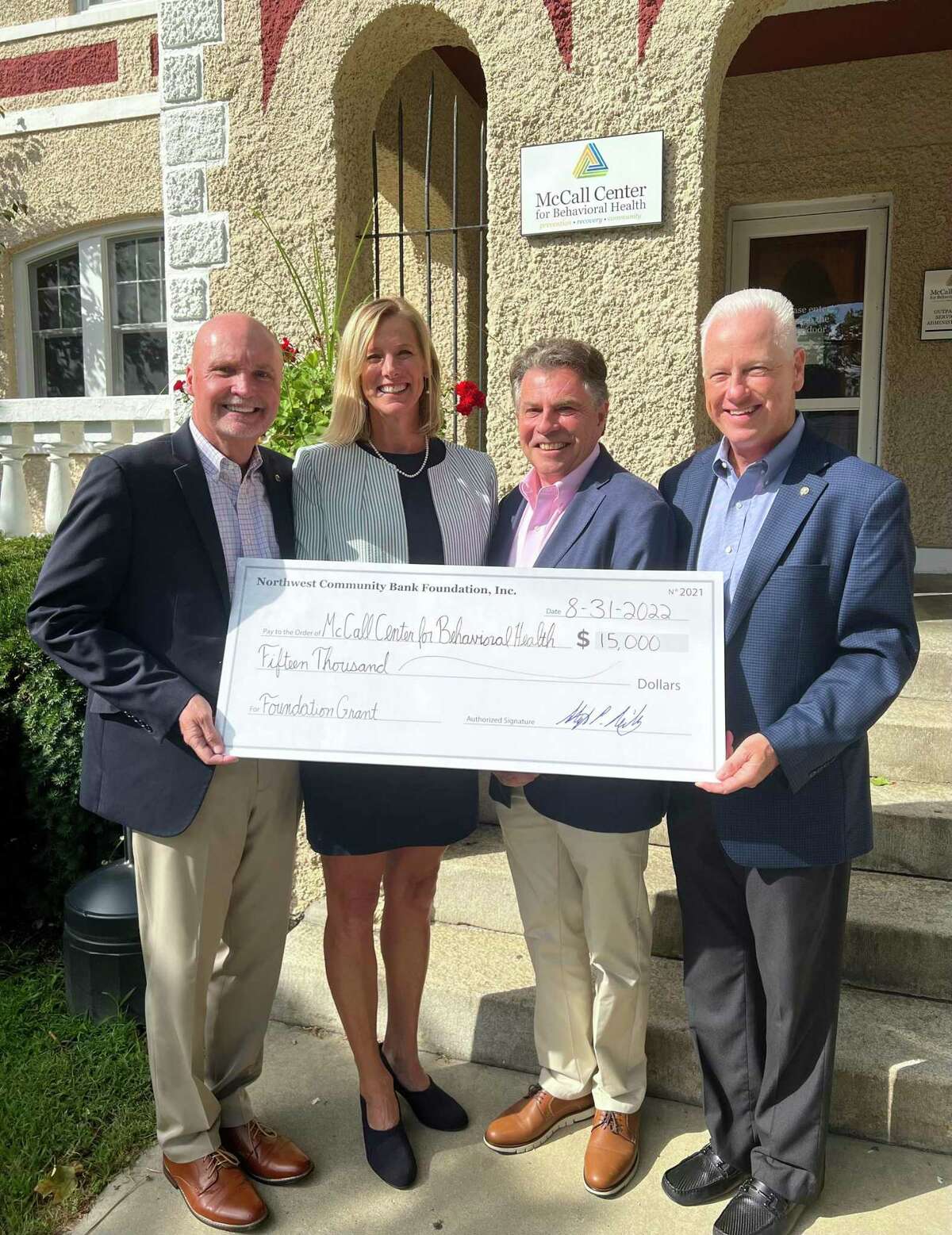 In its first grant cycle, Northwest Community Bank Foundation awarded $15,000 to McCall Center for Behavioral Health for website development. From left are Foundation Vice President Paul McLaughlin; McCall Foundation Chief Executive Officer Maria Coutant Skinner; Foundation Chair of the Board Alan Colavecchio; and Foundation President Stephen Reilly. XXX In its first two grant cycles, Northwest Community Bank Foundation awarded a total of $50,000 to Northwest CT YMCA for its sports field in Torrington. From left are Foundation Vice President Paul McLaughlin; Northwest Y Chief Executive Officer Greg Brisco; Foundation Chair of the Board Alan Colavecchio; and Foundation President Stephen Reilly.