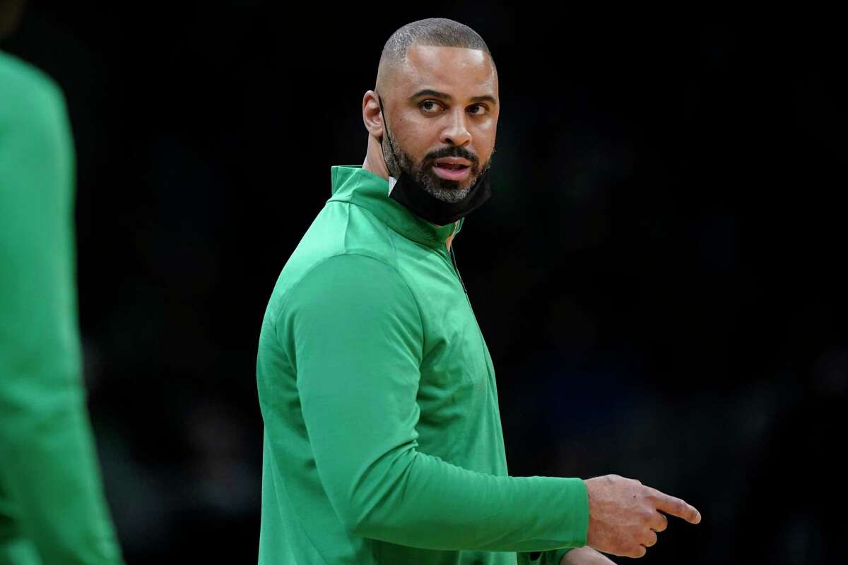 FILE - Boston Celtics head coach Ime Udoka speaks from the bench during the first half of an NBA basketball game against the Charlotte Hornets, Wednesday, Feb. 2, 2022, in Boston. The Boston Celtics are planning to discipline coach Ime Udoka, likely with a suspension, because of an improper relationship with a member of the organization, two people with knowledge of the matter told The Associated Press on Thursday, Sept. 22, 2022.