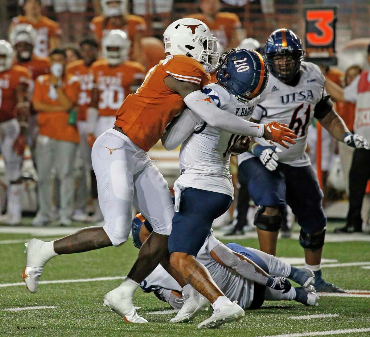 The NCAA upheld a targeting penalty against Texas linebacker DeMarvion Overshown even though his helmet-to-helmet contact with UTSA quarterback Frank Harris in Saturday’s game appeared to be incidental.