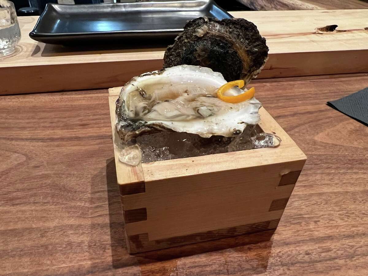 A raw oyster served at 5Kinokawa during an omakase.