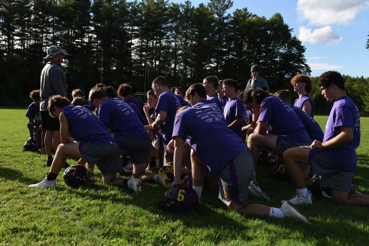 Ballston Spa football head coach Greg O'Connor goes over the Friday game plan with his team on Thursday, Sept. 22, 2022, during practice in Ballston Spa, N.Y.
