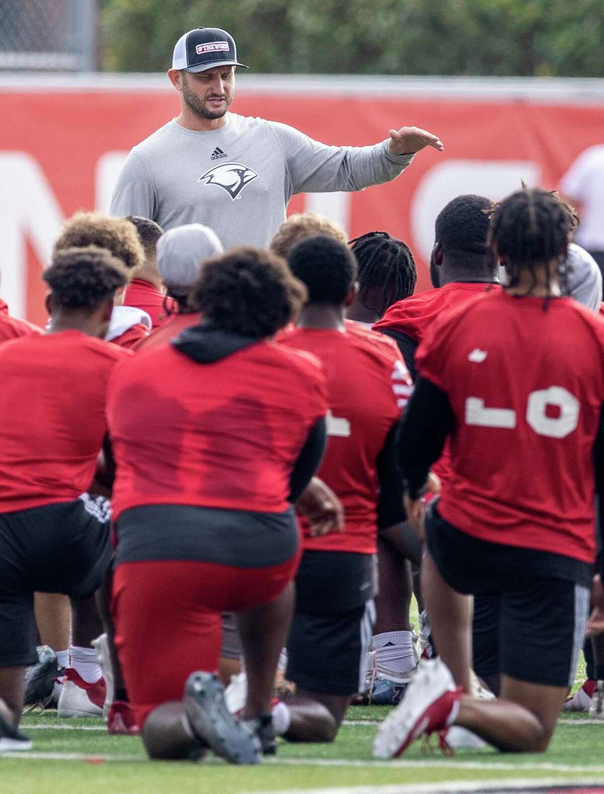 UIW football coach G.J. Kinne talks Thursday morning, Sept. 15, 2022, to the team at the end of practice as they prepare for their Saturday matchup against Prairie View A&M.