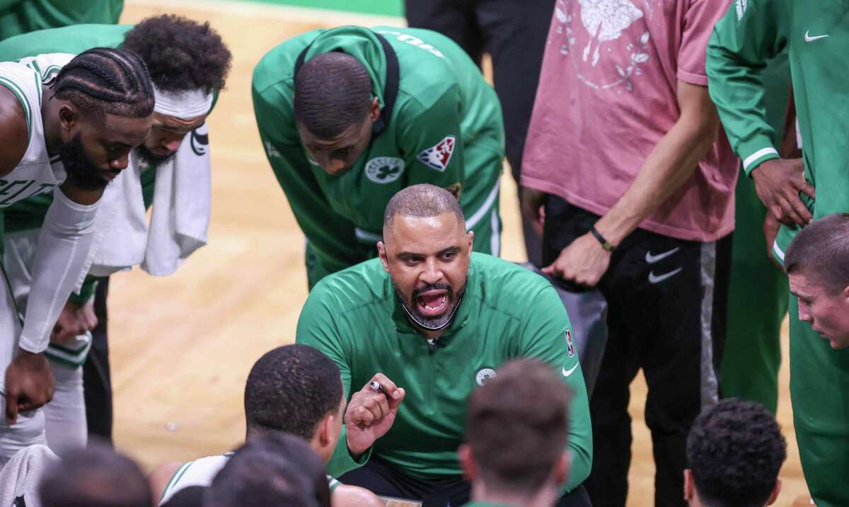 Boston head coach Ime Udoka talks to his team during Game 3 of the NBA Finals against the Warriors on June 8. Assistant coach Joe Mazzulla might replace Udoka this season.