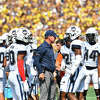 ANN ARBOR, MI - SEPTEMBER 17: Connecticut Huskies head coach Jim Mora talks to his team during a timeout during the Michigan Wolverines versus the Connecticut Huskies on Saturday September 17, 2022 at Michigan Stadium in Ann Arbor, MI. (Photo by Steven King/Icon Sportswire via Getty Images)
