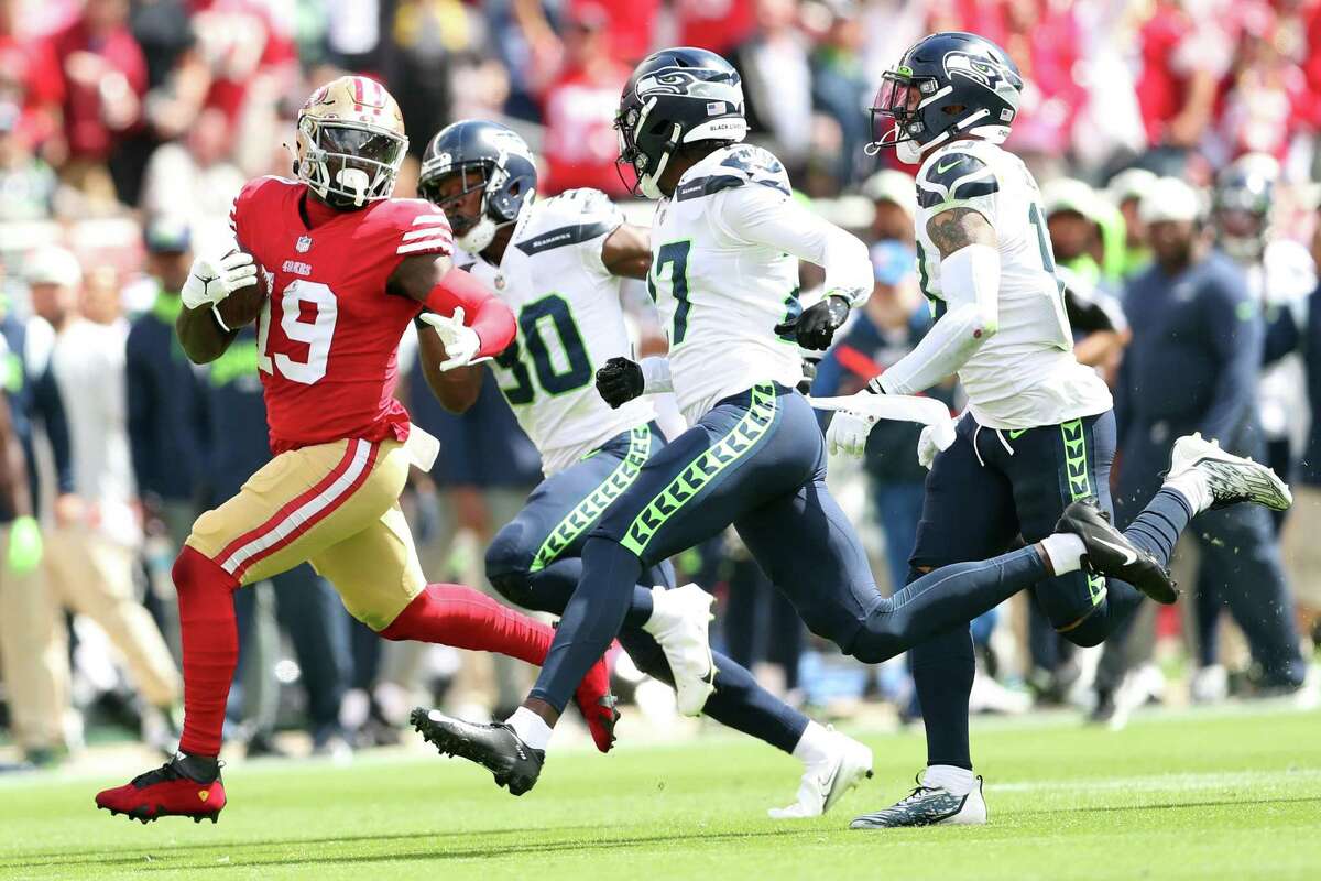 49ers wide receiver-running back Deebo Samuel ran for 51 yards on a first-quarter play against the Seattle Seahawks in Sunday’s 27-7 win at Levi’s Stadium. He has 12 carries in two games.