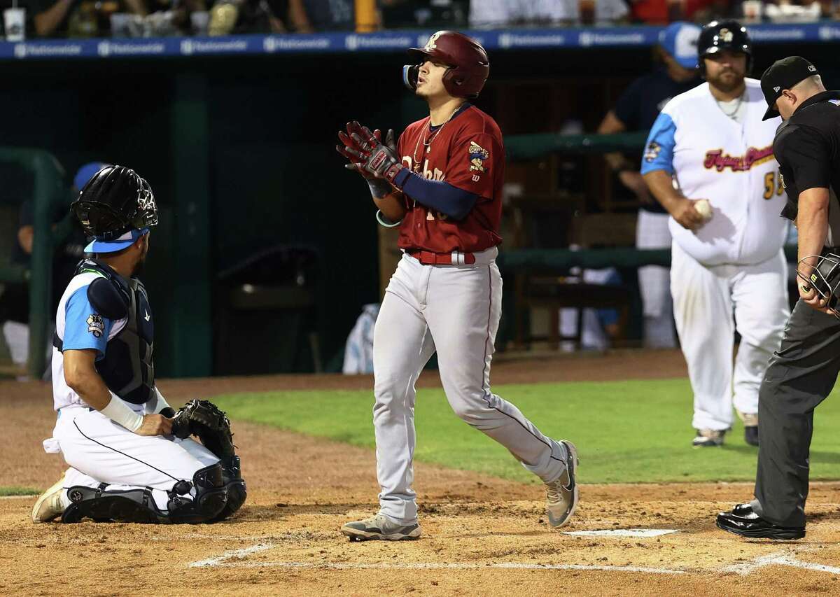 Frisco’s David Garcia gestures as if to pray after hitting a homer in the third inning against the Missions in Game 2 of the South Division Series of the Texas League Playoffs at Wolff Stadium on Thursday, Sept. 22, 2022.