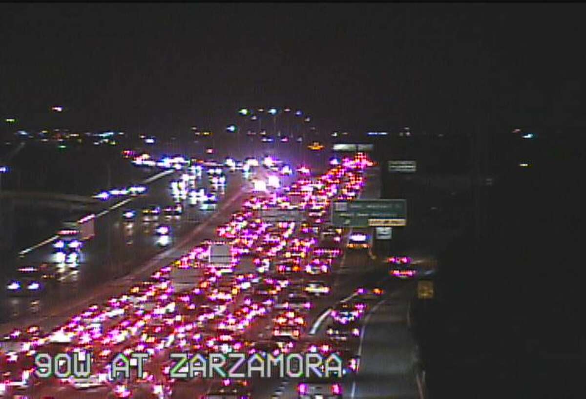 TXDOT camera on U.S. 90 at Zarzamora shows traffic backed up with westbound lanes closed.