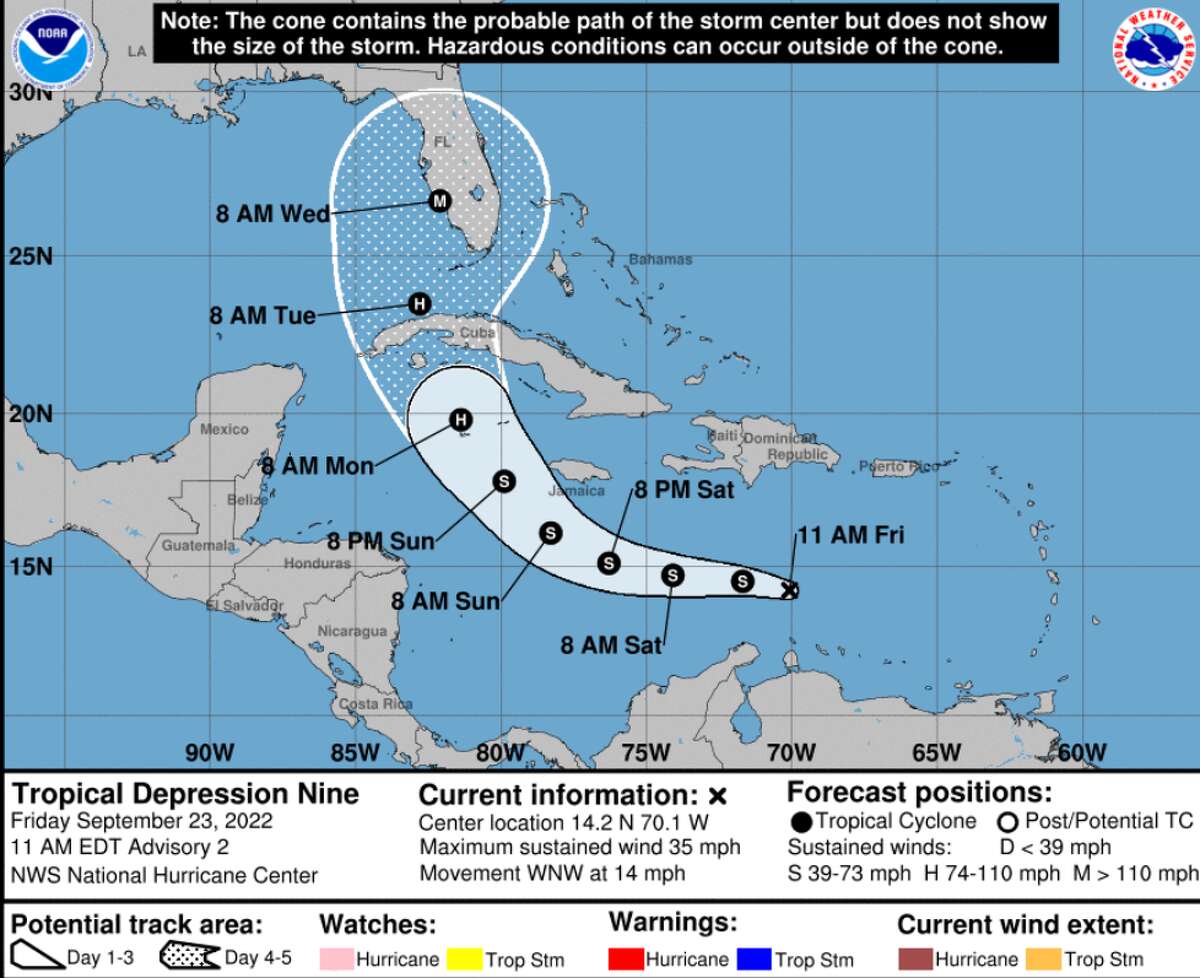 National Hurricane Center forecast cone for Tropical Depression Nine, Sept. 23, 2022.