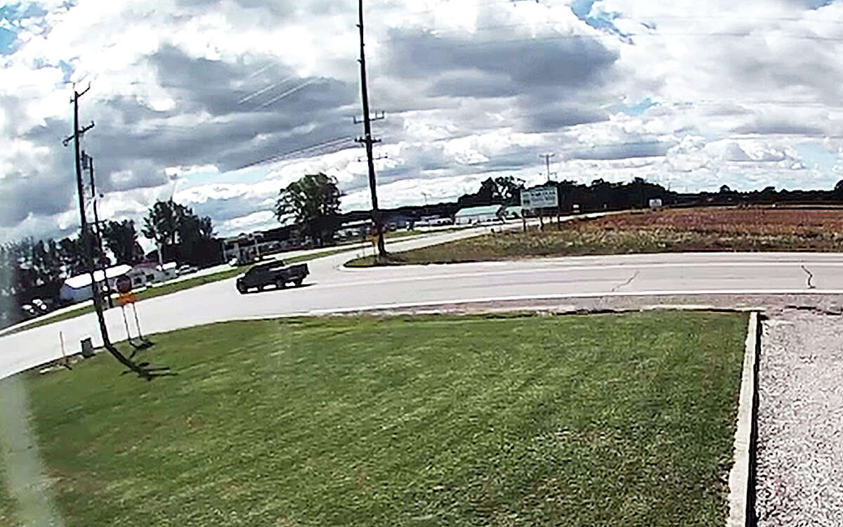 This image, taken from a security camera video shared by Huron County Sheriff Kelly Hanson, shows a pickup truck speeding through a stop sign at the intersection of M-142 and M-19, the same intersection where a fatal crash occurred on Sept. 15.