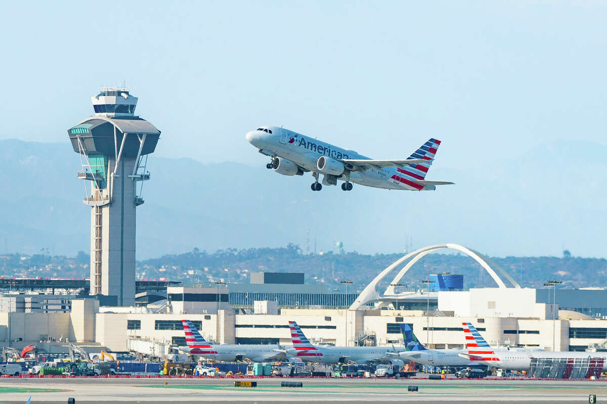 An American Airlines airbus takes off from LAX in July 2022 in Los Angeles, California.
