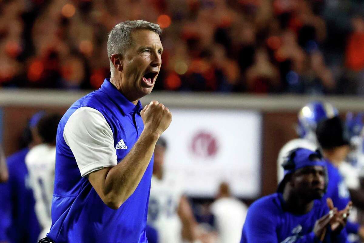 San Jose State head coach Brent Brennan reacts to a play during the second half of an NCAA college football game against Auburn, Saturday, Sept. 10, 2022, in Auburn, Ala. (AP Photo/Butch Dill)