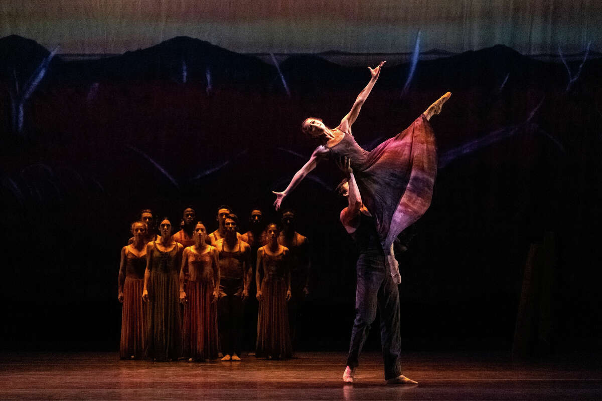 Jessica Collado (partnered by Chase O’Connell) evokes the gutsy, primitive soul of Australia in Stanton Welch’s dramatic “Red Earth.” Photo by Amitava Sarkar/Houston Ballet