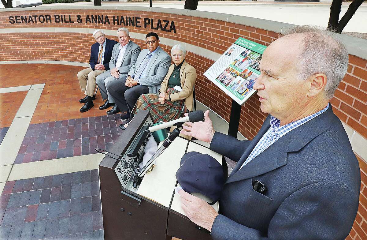 John Badman|The Telegraph Ron Jedda, MCT Board Chairman, talks at a dedication ceremony Thursday in Alton for a plaza in honor of Bill and Anna Haine.