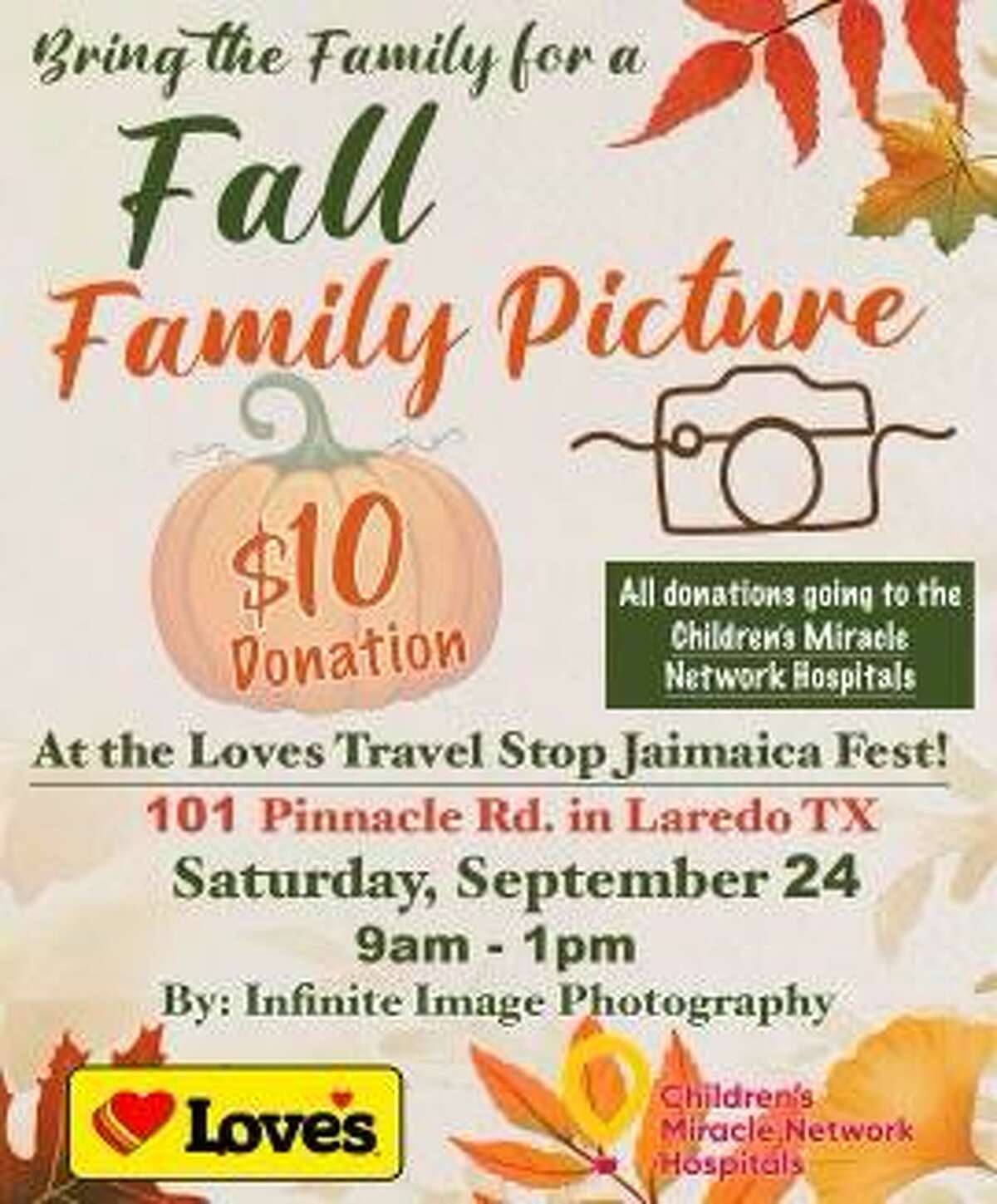Love's Travel Stop will be holding a Jamaica Fest at 101 at Pinnacle Road to help raise fund for the Children's Miracle Network Hospitals Non-Profit Organization. Fall Family Pictures with be taken at the place. The campaign wraps up on September 30th with a raffle with several prizes.  