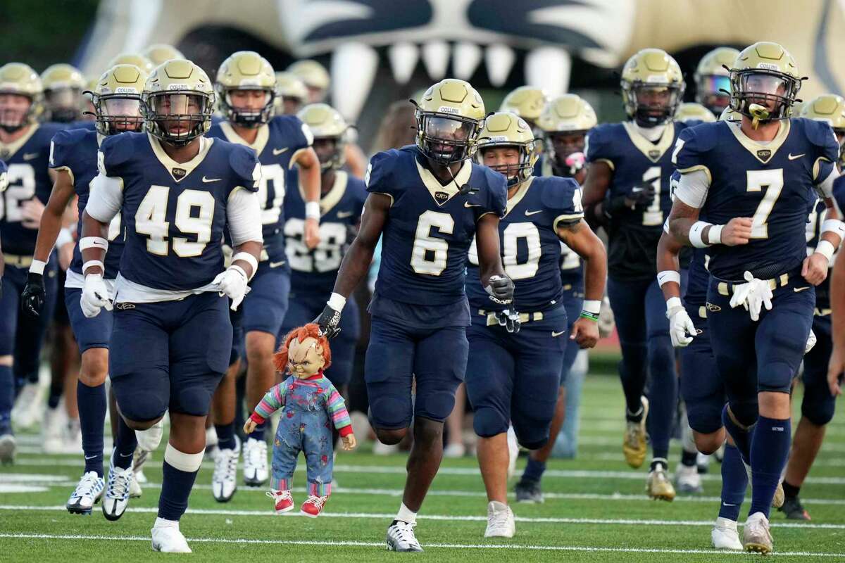 Klein Collins’ Michael Wilson (6) and teammates take the field to face Klein Oak in a high school football game, Friday, Sept. 23, 2022, in Klein.