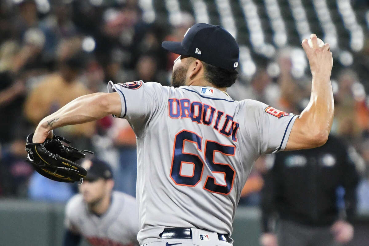 BALTIMORE, MD - SEPTEMBER 23: Jose Urquidy #65 of the Houston Astros pitches in the third inning during a baseball game against the Baltimore Orioles at Oriole Park at Camden Yards on September 23, 2022 in Baltimore, Maryland. (Photo by Mitchell Layton/Getty Images)