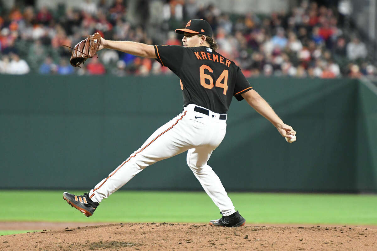 BALTIMORE, MD - SEPTEMBER 23: Dean Kremer #64 of the Baltimore Orioles pitches in the second inning during a baseball game against the Houston Astros at Oriole Park at Camden Yards on September 23, 2022 in Baltimore, Maryland. (Photo by Mitchell Layton/Getty Images)